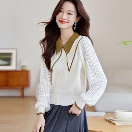FA51652# 时尚小香风上衣春季新款法式复古撞色翻领针织拼接 服裝批發女裝批發服飾貨源