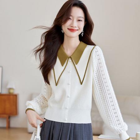 FA51652# 时尚小香风上衣春季新款法式复古撞色翻领针织拼接 服裝批發女裝批發服飾貨源
