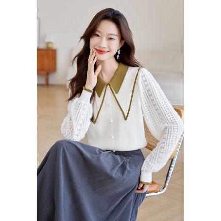 FA51652# 时尚小香风上衣春季新款法式复古撞色翻领针织拼接 服裝批發女裝批發服飾貨源