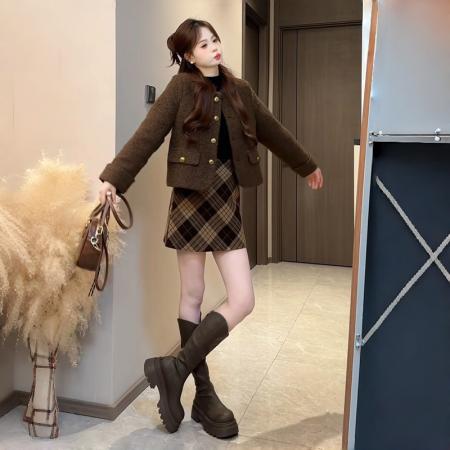 FA51656# 欧式高端大气女秋冬新款港味别致咖色短外套 服裝批發女裝批發服飾貨源