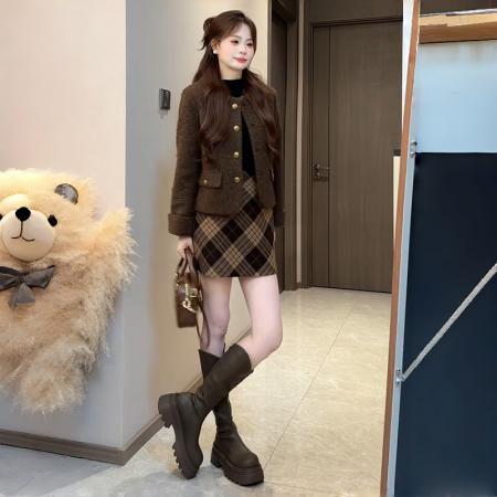 FA51656# 欧式高端大气女秋冬新款港味别致咖色短外套 服裝批發女裝批發服飾貨源