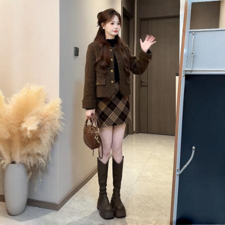 FA51656# 欧式高端大气女秋冬新款港味别致咖色短外套 服裝批發女裝批發服飾貨源