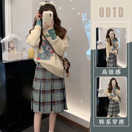 FA51657# 秋冬韩系慵懒风高领打底衫兔子毛绒毛衣搭配百褶裙三件套女 服裝批發女裝批發服飾貨源