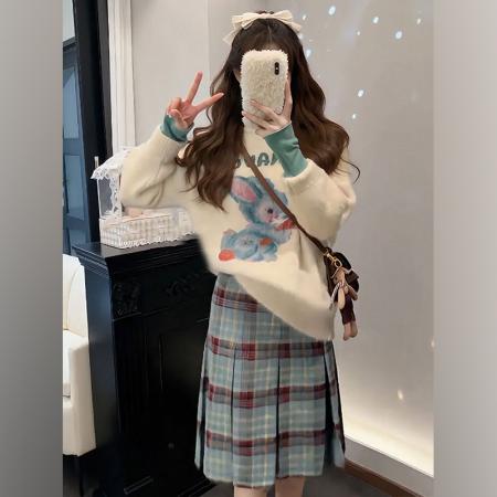 FA51657# 秋冬韩系慵懒风高领打底衫兔子毛绒毛衣搭配百褶裙三件套女 服裝批發女裝批發服飾貨源