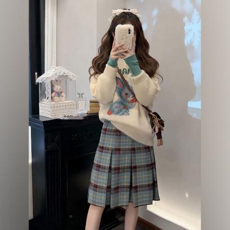 FA51657# 秋冬韩系慵懒风高领打底衫兔子毛绒毛衣搭配百褶裙三件套女 服裝批發女裝批發服飾貨源