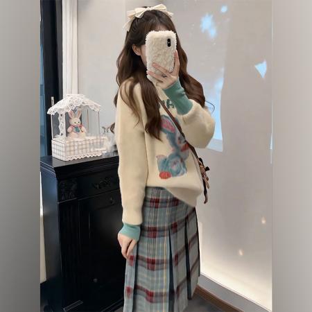 FA51657# 秋冬韩系慵懒风高领打底衫兔子毛绒毛衣搭配百褶裙三件套女 服裝批發女裝批發服飾貨源