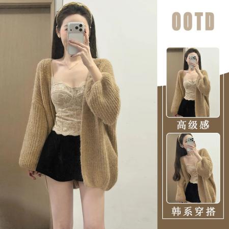 FA51658# 秋冬款美拉德慵懒感灯笼袖卡其色开衫柔软毛感外套黑色短裤两件套 服裝批發女裝批發服飾貨源