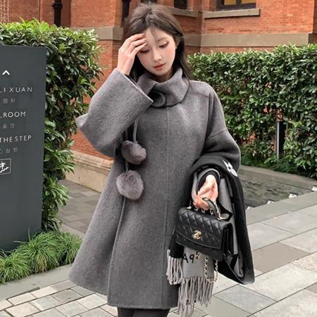 FA51659# 灰色设计感大衣女秋冬新款复古高级感韩系中长款时尚毛呢斗篷外套 服裝批發女裝批發服飾貨源