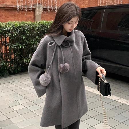 FA51659# 灰色设计感大衣女秋冬新款复古高级感韩系中长款时尚毛呢斗篷外套 服裝批發女裝批發服飾貨源