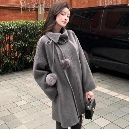 FA51659# 灰色设计感大衣女秋冬新款复古高级感韩系中长款时尚毛呢斗篷外套 服裝批發女裝批發服飾貨源