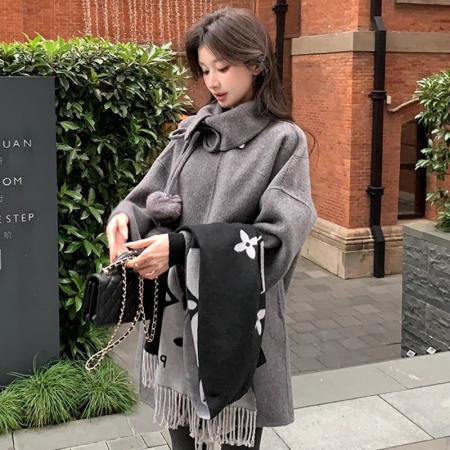 FA51659# 灰色设计感大衣女秋冬新款复古高级感韩系中长款时尚毛呢斗篷外套 服裝批發女裝批發服飾貨源