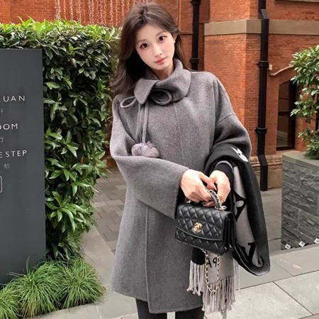 FA51659# 灰色设计感大衣女秋冬新款复古高级感韩系中长款时尚毛呢斗篷外套 服裝批發女裝批發服飾貨源