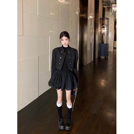 FA51660# 千金小黑裙+立领短外套女早春新款气质短款开衫双排扣上衣 服裝批發女裝批發服飾貨源