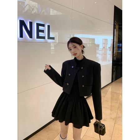 FA51660# 千金小黑裙+立领短外套女早春新款气质短款开衫双排扣上衣 服裝批發女裝批發服飾貨源