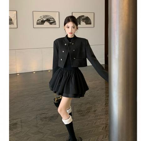 FA51660# 千金小黑裙+立领短外套女早春新款气质短款开衫双排扣上衣 服裝批發女裝批發服飾貨源
