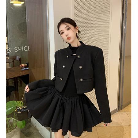 FA51660# 千金小黑裙+立领短外套女早春新款气质短款开衫双排扣上衣 服裝批發女裝批發服飾貨源