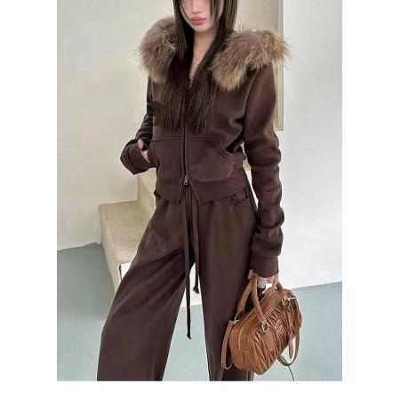 FA51661# 新款韩版时尚大毛领连帽加绒加厚卫衣+松紧腰加绒休闲裤套装 服裝批發女裝批發服飾貨源