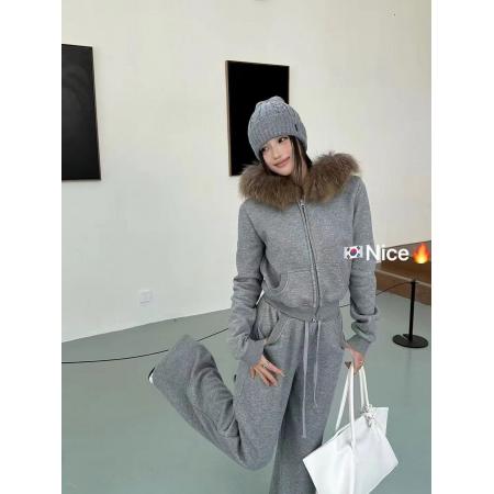 FA51661# 新款韩版时尚大毛领连帽加绒加厚卫衣+松紧腰加绒休闲裤套装 服裝批發女裝批發服飾貨源