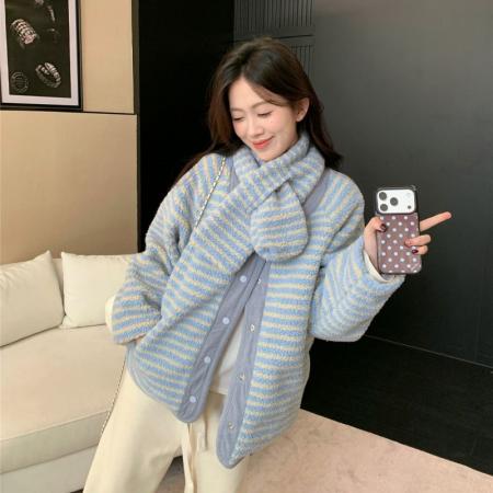 FA51662# 送围巾双面穿摇粒绒棉服外套女冬季配围巾加厚百搭上衣 服裝批發女裝批發服飾貨源