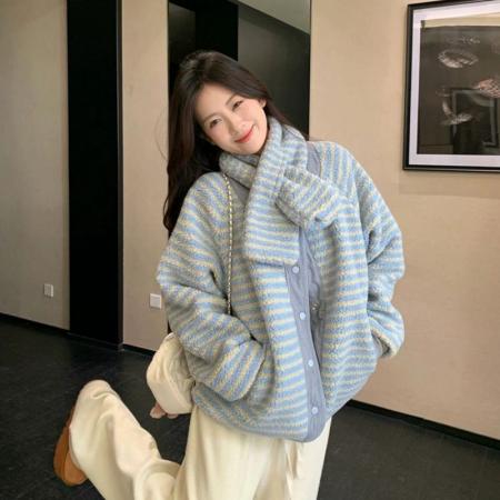 FA51662# 送围巾双面穿摇粒绒棉服外套女冬季配围巾加厚百搭上衣 服裝批發女裝批發服飾貨源