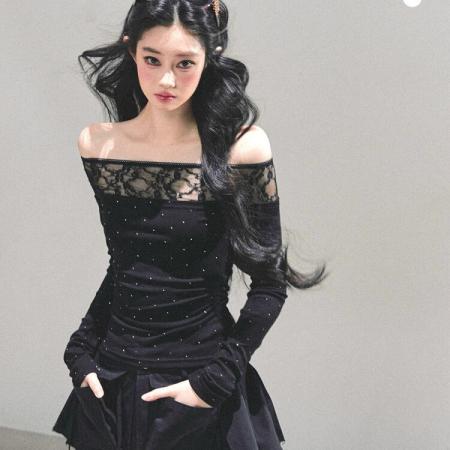 FA51663# 一字肩长袖蕾丝波点T恤女秋冬辣妹上衣 服裝批發女裝批發服飾貨源