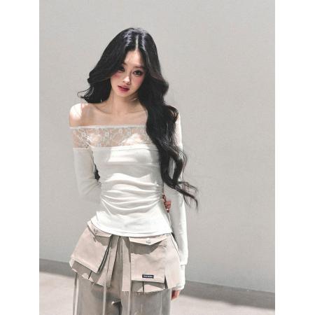 FA51663# 一字肩长袖蕾丝波点T恤女秋冬辣妹上衣 服裝批發女裝批發服飾貨源