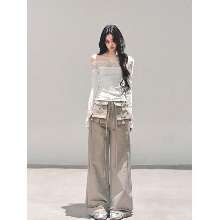 FA51663# 一字肩长袖蕾丝波点T恤女秋冬辣妹上衣 服裝批發女裝批發服飾貨源