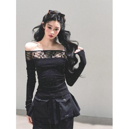 FA51663# 一字肩长袖蕾丝波点T恤女秋冬辣妹上衣 服裝批發女裝批發服飾貨源