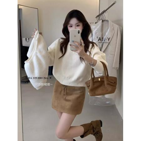 FA51664# 韩系chic针织衫秋季新款慵懒高级感宽松米杏色毛衣别致上衣 服裝批發女裝批發服飾貨源