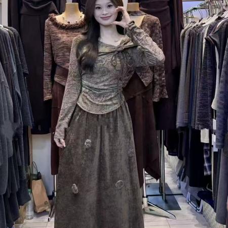 FA51665# 新款美拉德气质套装秋季花朵长袖上衣垂感半身裙两件套 服裝批發女裝批發服飾貨源