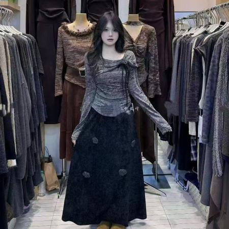 FA51665# 新款美拉德气质套装秋季花朵长袖上衣垂感半身裙两件套 服裝批發女裝批發服飾貨源