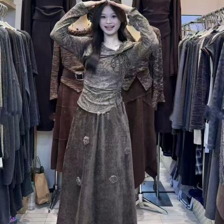 FA51665# 新款美拉德气质套装秋季花朵长袖上衣垂感半身裙两件套 服裝批發女裝批發服飾貨源