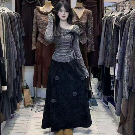 FA51665# 新款美拉德气质套装秋季花朵长袖上衣垂感半身裙两件套 服裝批發女裝批發服飾貨源