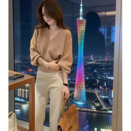 FA51666# 韩国东大门法式新款V领毛衣女秋冬外穿潮针织上衣 服裝批發女裝批發服飾貨源