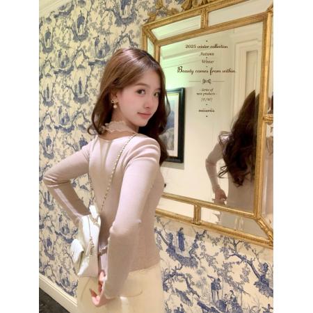 FA51668# 维斯小姐燕麦奶咖带胸垫假两件针织打底高弹力定染蕾丝打底衫 服裝批發女裝批發服飾貨源