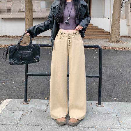 FA51670# 复古卡其色弯刀牛仔裤女冬季新款设计感高腰宽松阔腿裤 服裝批發女裝批發服飾貨源