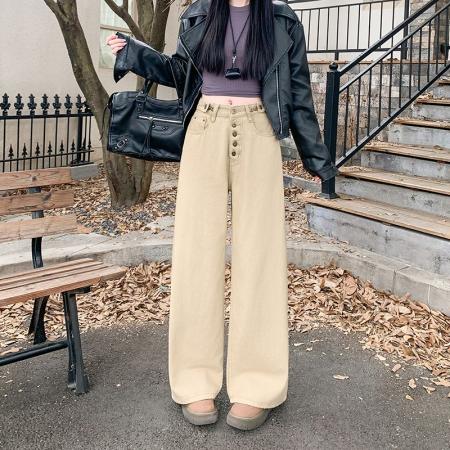 FA51670# 复古卡其色弯刀牛仔裤女冬季新款设计感高腰宽松阔腿裤 服裝批發女裝批發服飾貨源