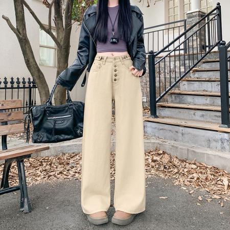 FA51670# 复古卡其色弯刀牛仔裤女冬季新款设计感高腰宽松阔腿裤 服裝批發女裝批發服飾貨源