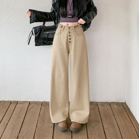 FA51670# 复古卡其色弯刀牛仔裤女冬季新款设计感高腰宽松阔腿裤 服裝批發女裝批發服飾貨源