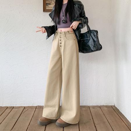 FA51670# 复古卡其色弯刀牛仔裤女冬季新款设计感高腰宽松阔腿裤 服裝批發女裝批發服飾貨源