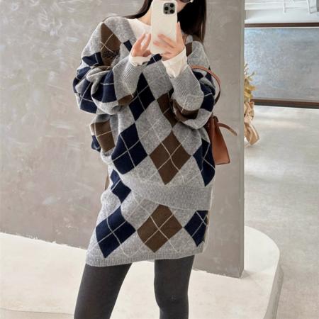 FA51672# 时尚小众撞色英伦学院风菱形格纹毛衣女秋冬季新款修身套装 服裝批發女裝批發服飾貨源