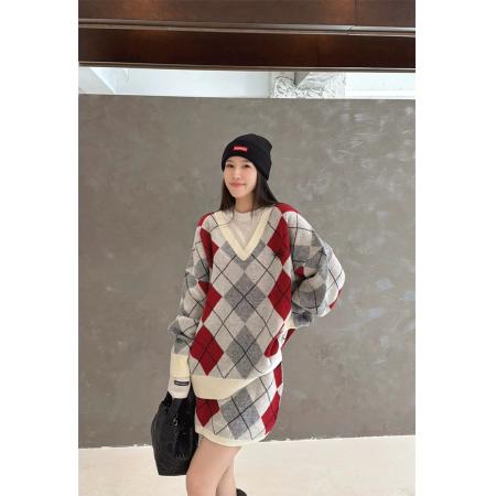 FA51672# 时尚小众撞色英伦学院风菱形格纹毛衣女秋冬季新款修身套装 服裝批發女裝批發服飾貨源