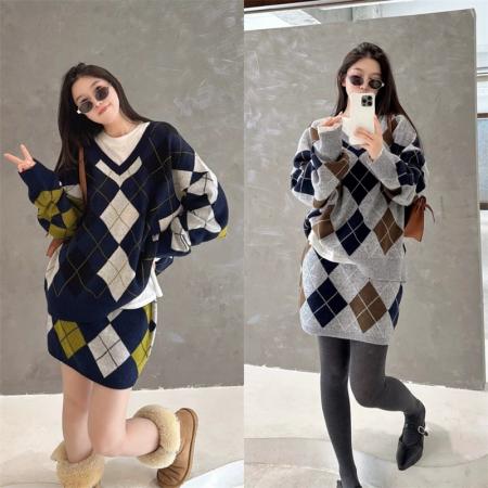 FA51672# 时尚小众撞色英伦学院风菱形格纹毛衣女秋冬季新款修身套装 服裝批發女裝批發服飾貨源