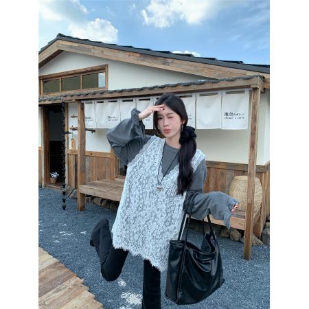 FA51673# 两件套韩系休闲洋气蕾丝衫+灰色打底T恤 服裝批發女裝批發服飾貨源