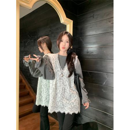 FA51673# 两件套韩系休闲洋气蕾丝衫+灰色打底T恤 服裝批發女裝批發服飾貨源