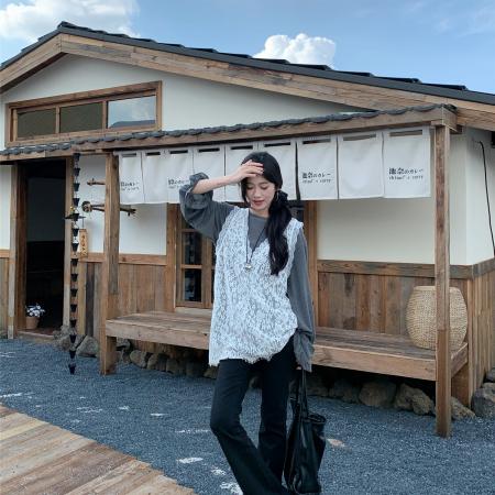 FA51673# 两件套韩系休闲洋气蕾丝衫+灰色打底T恤 服裝批發女裝批發服飾貨源