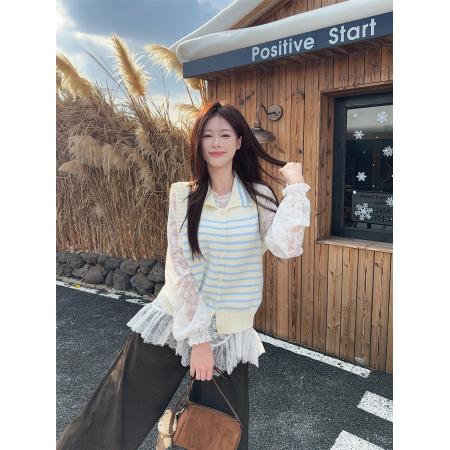 FA51674# 韩版温柔甜美时尚套装蕾丝打底衫+针织条纹马甲两件套 服裝批發女裝批發服飾貨源
