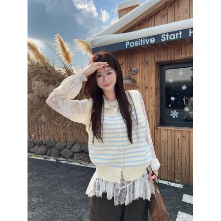 FA51674# 韩版温柔甜美时尚套装蕾丝打底衫+针织条纹马甲两件套 服裝批發女裝批發服飾貨源