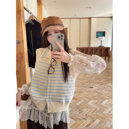 FA51674# 韩版温柔甜美时尚套装蕾丝打底衫+针织条纹马甲两件套 服裝批發女裝批發服飾貨源