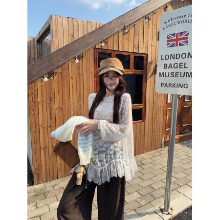 FA51674# 韩版温柔甜美时尚套装蕾丝打底衫+针织条纹马甲两件套 服裝批發女裝批發服飾貨源